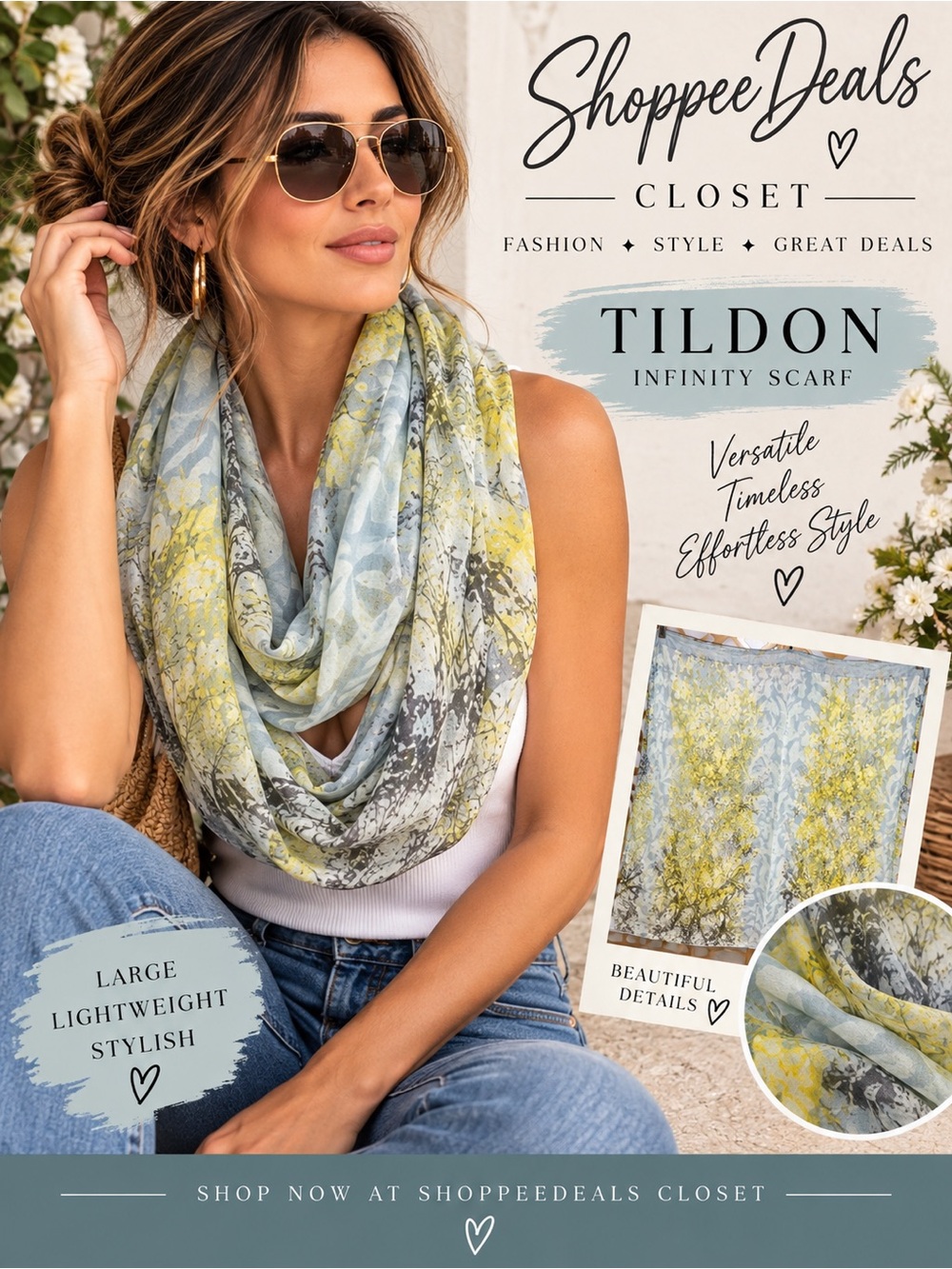 Tildon Infinity Floral Large Scarf Blue Yellow Gray 35” x 40”